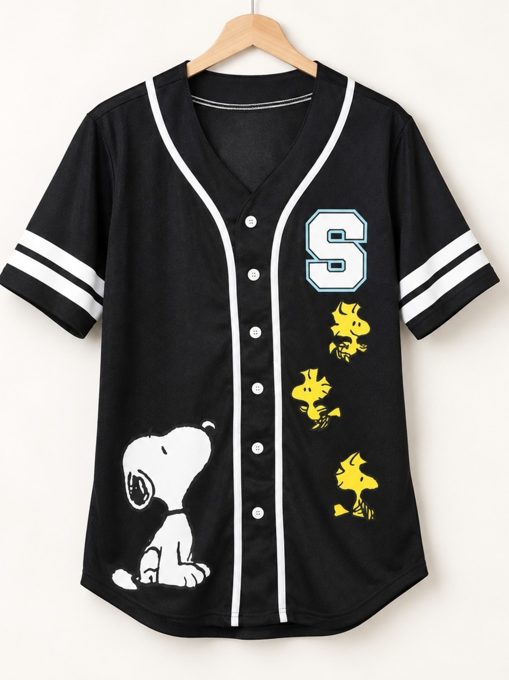 Peanuts Black Baseball-Style Button Jersey with Snoopy & Woodstock Juniors Large